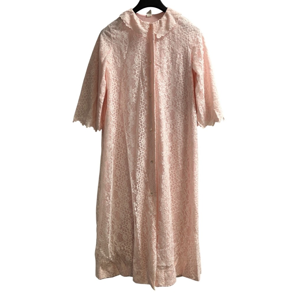 Vintage Robe Aolls Pink Satin Full Lace Trim Collared Long Feminine Couquette